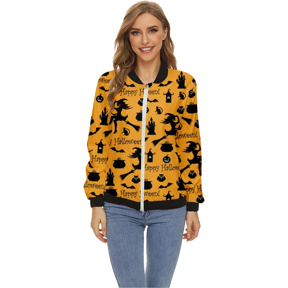 

Women Autumn Female Fashion Halloween Printing Zipper Jacket Tops Long Sleeves Casual Baseball Collar Coat Slim Jacket