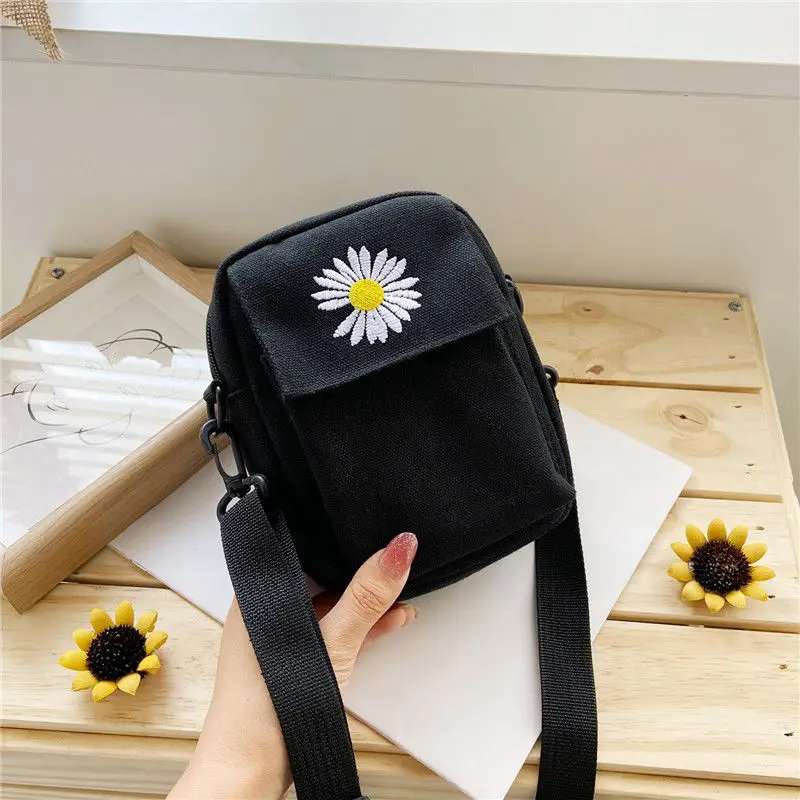 Single Shoulder Bag Fashion Solid Color Casual Handbag Outdoor Daisy Canvas Handbag Zipper Cross-body Bag Messenger Bag Women