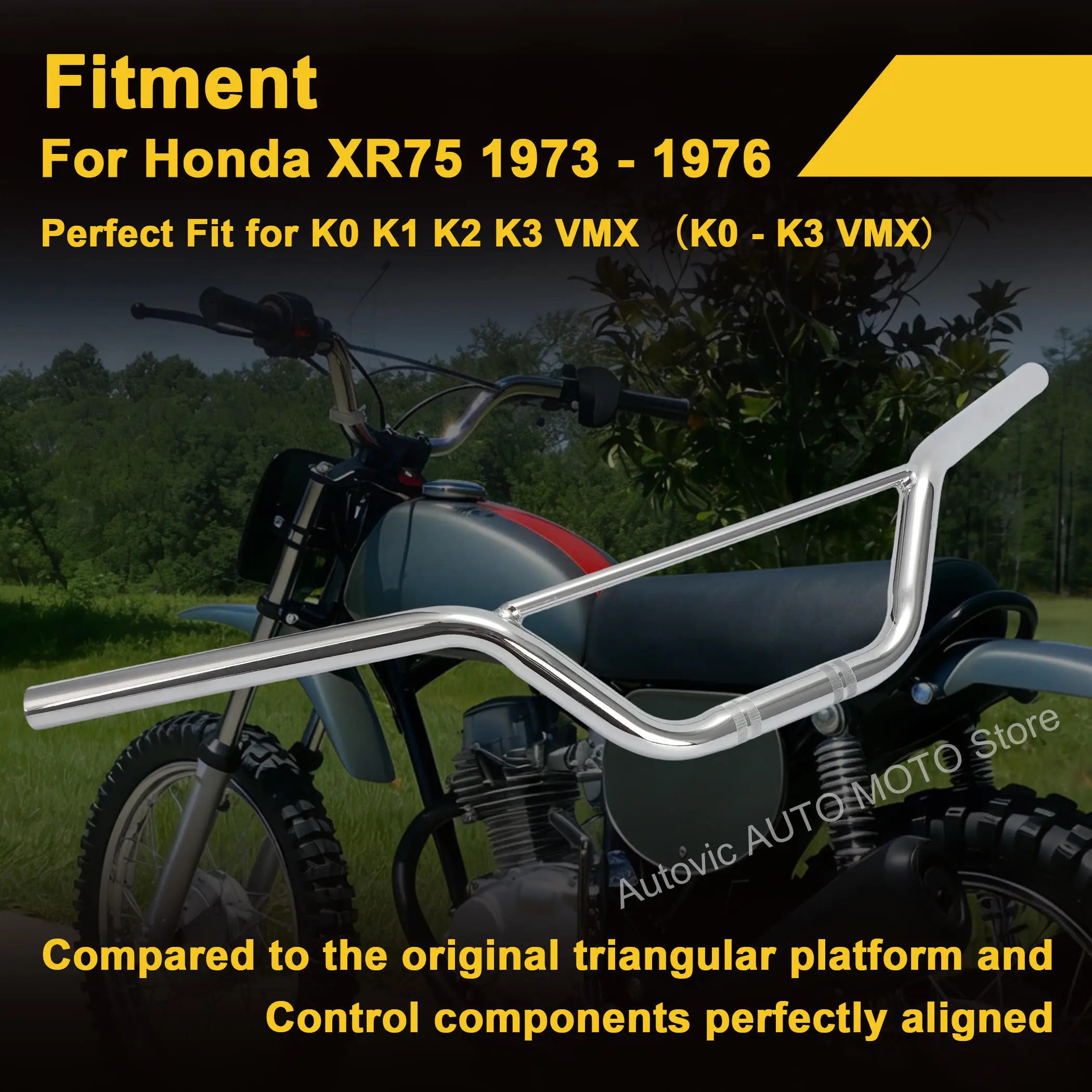 Фото Руль хромированный винтажный для мотоциклов Honda XR75 XR 75 K0 K1 K2 K3 1973-1976, стальной, 53100-116-000 №2
