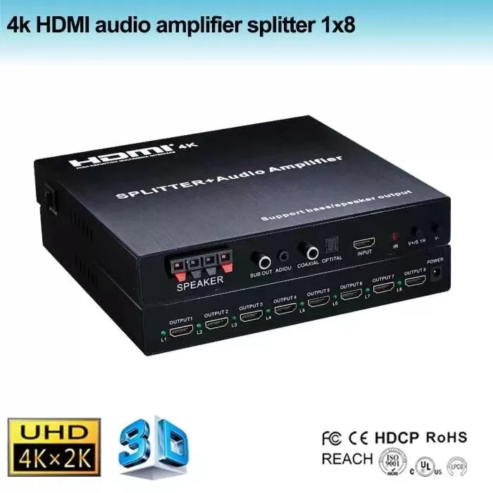 4K 1x8 Audio Amplifier HDMI-Compatible Splitter Support Bass/Speaker Out