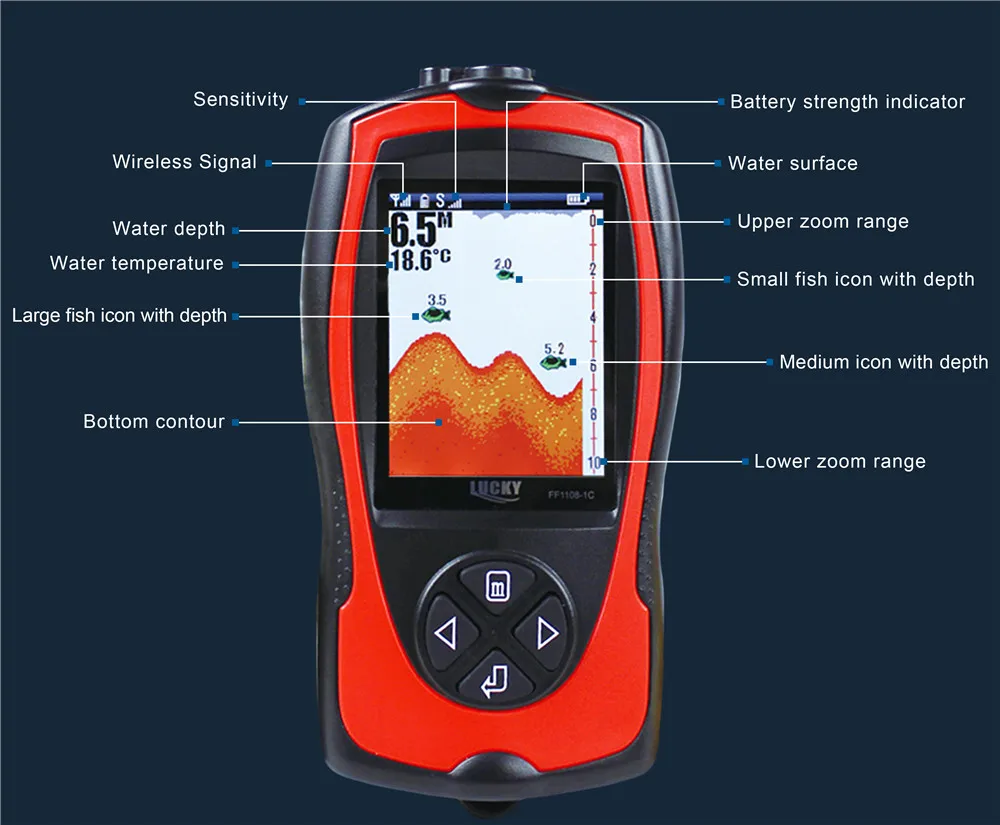 Lucky Portable Fish Finder Echo Sounder Wireless Fish Finder English Russian Menu 147ft 45m Water Depth Fish Sonar FF1108-1CW enlarge