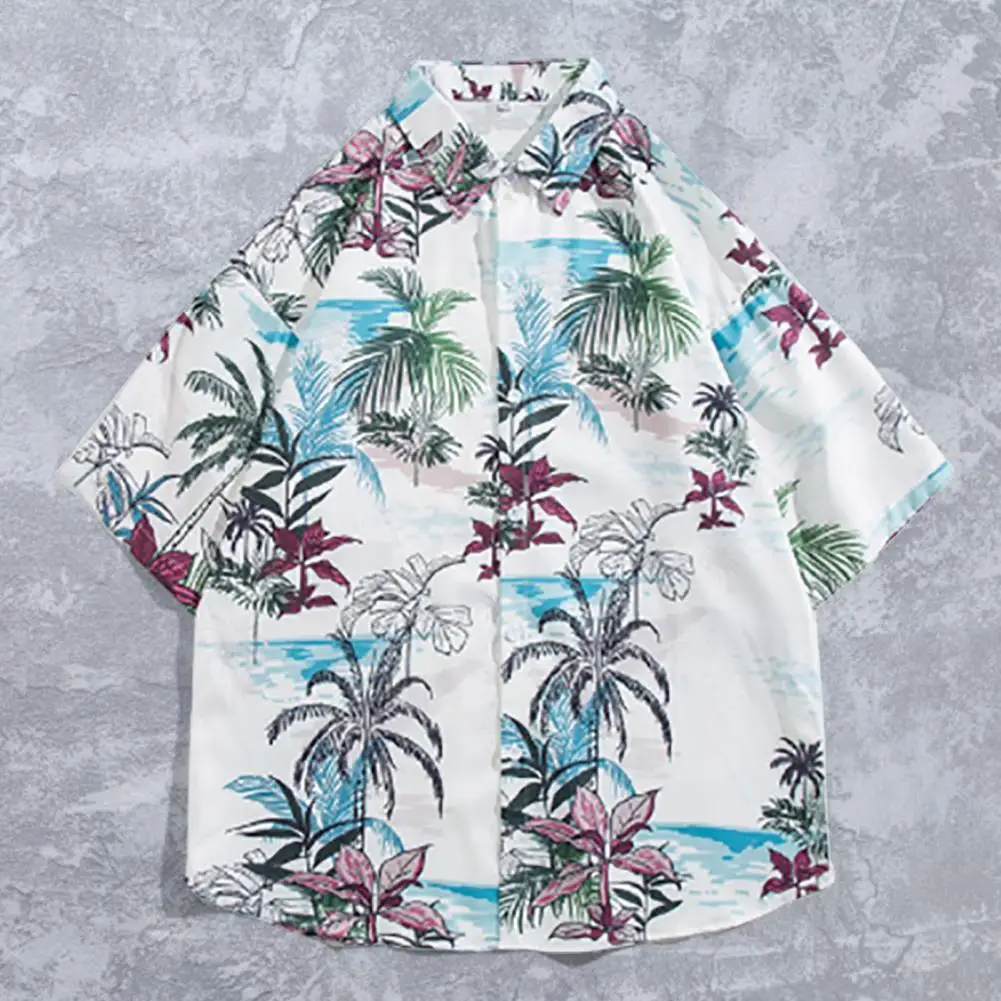 

Short Sleeves Stylish Coconut Tree Print Lapel Vacation Tops Lightweight Beach Shirt Loose Type Cloting