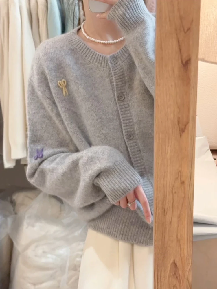 Idle Sle Soft Glutinous Gray Raccoon Velvet Cardigan sweater Outerwear Outer Wear Milk Fufu Loose Knitted Top Women Autumn ...