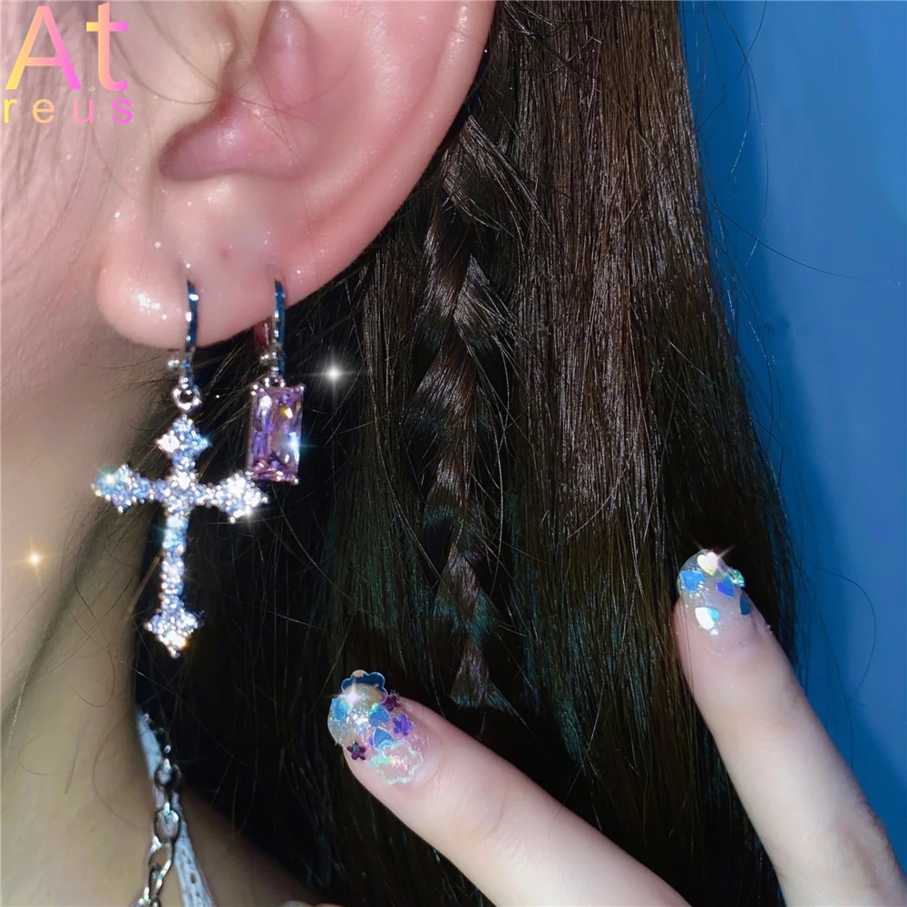 

1pair Pink Rhinestone Zircon Cross Earrings For Women Korean Fashion Earring Daily Birthday Party Cute Cool Y2K Jewelry Gifts