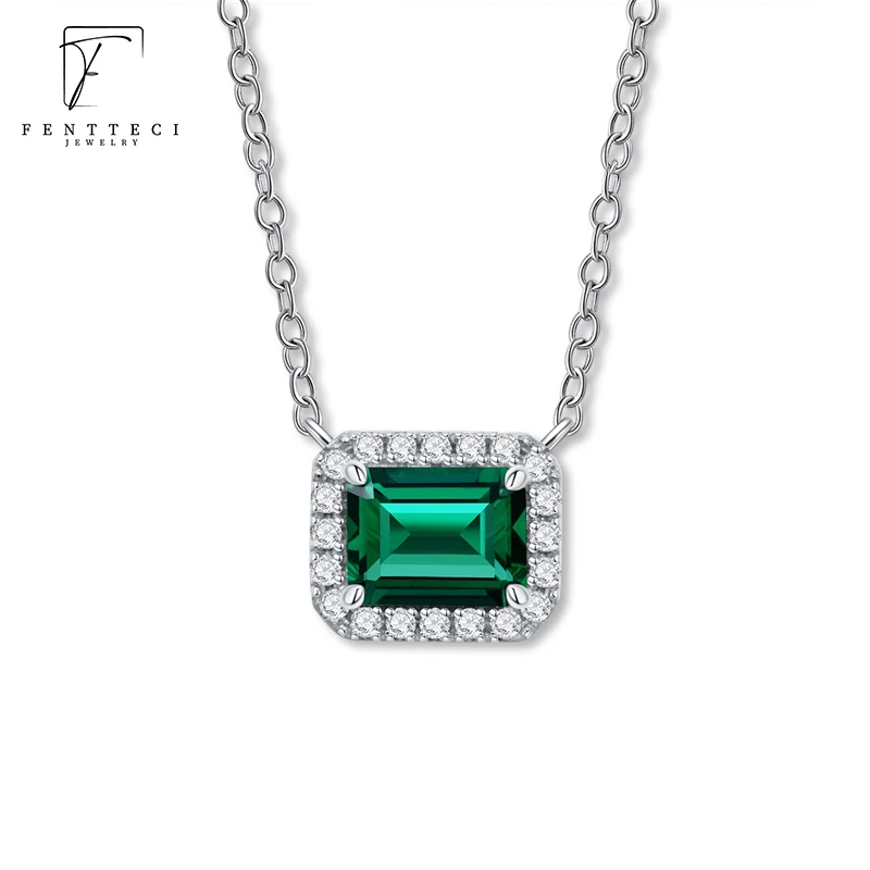 FENTTECI 925 Sterling Silver Vintage Emerald Necklace Female Court Style Clavicle Chain Square Emerald Pendant Fine Jewelry Set