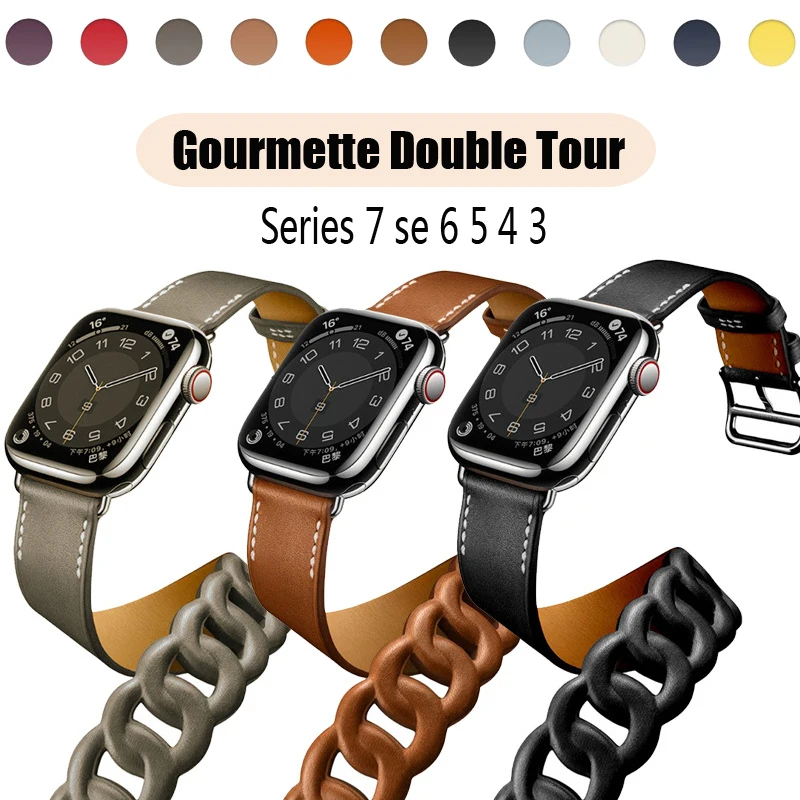 Gourmette Double Tour For Apple Watch band 44mm 40mm 45mm 41mm 38mm 42mm Genuine Leather Strap bracelet iWatch serier 7 6 5 4 se