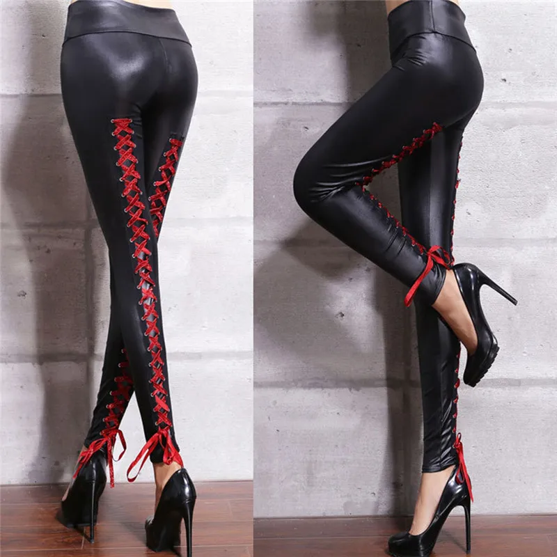 

2022 New Women Leather Pants Punk Rock Sexy Bandage Motorcycle Leather Pants Tight High-waist Lace Up Bodycon Pencil Trousers