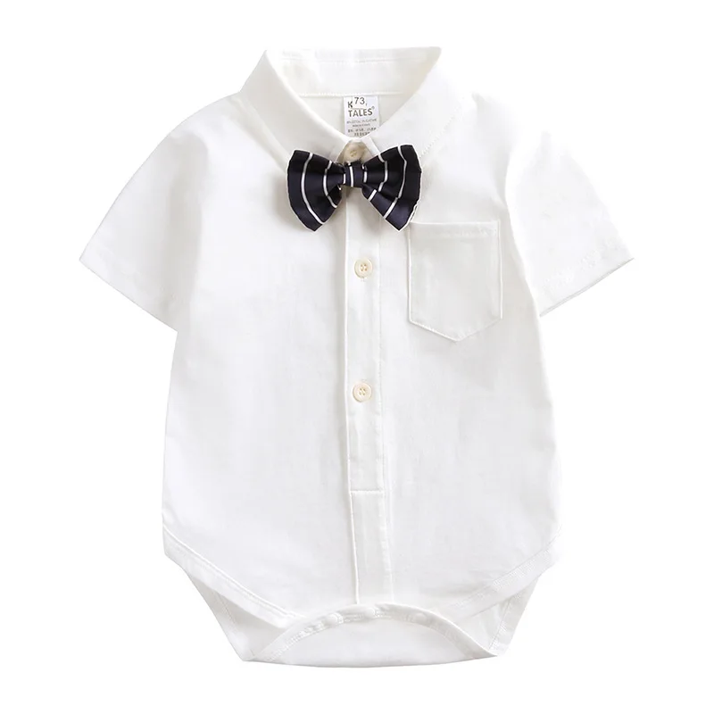 

Baby Boy Solid Fashion Striped Bow Button Up Collar Bodysuit Infant Boys Cotton Comfortable Single-breasted Polo Jumpsuit
