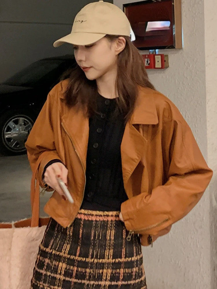 Summer Cropped Faux Leather Jacket Women Korean Fashion Loose Biker Coat Streetwear Female Autumn Pockets Moto Jacket Outerwear