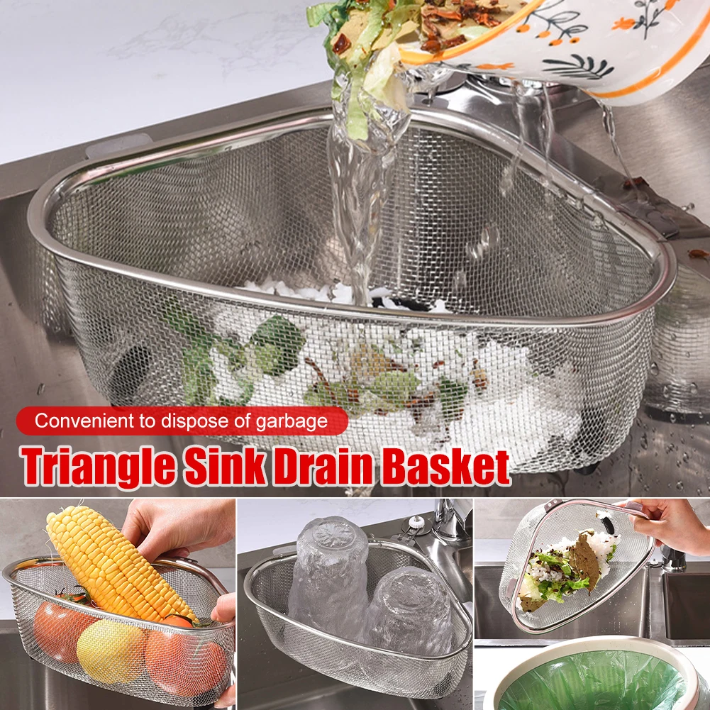 

Kitchen Sink Drain Basket Stainless Steel Triangle Food Vegetables Peel Egg Filter Storage Organizer Kitchen Shelf Rack Drainier