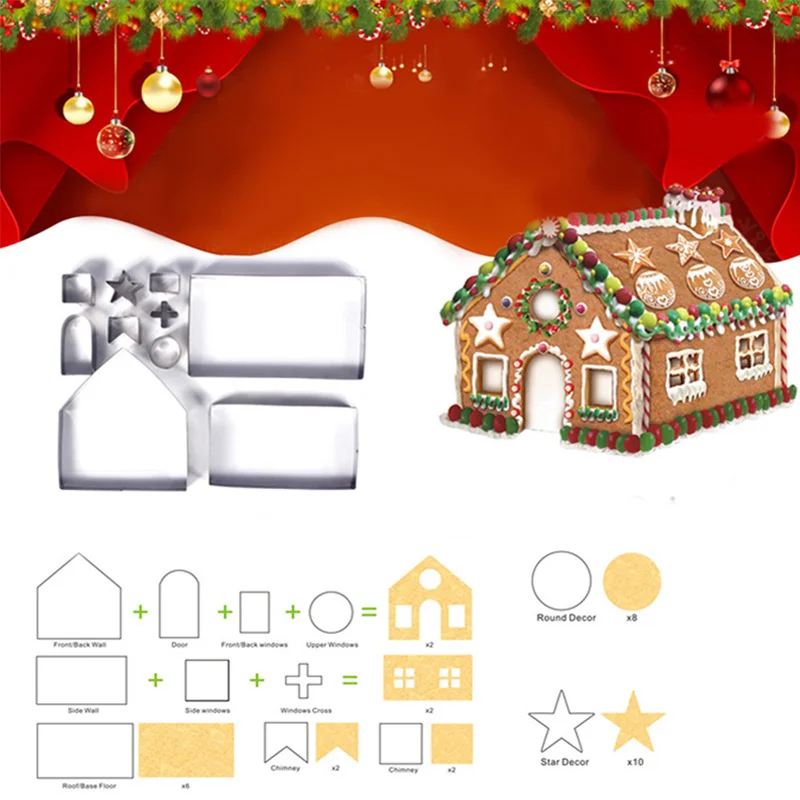 

10 Piece Set Stainless Steel 3D Cookie Mold Gingerbread House Cookie Mold baking tool