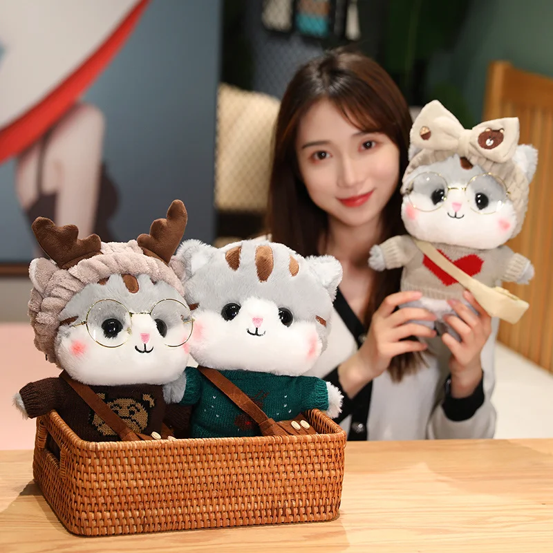 

30cm Cute Cat Plush Toy Kawaii Stuffed Animals Kittey Wearing Sweater Hat Bag Glasses Plushies Doll Anime Soft Kids Babys Toys