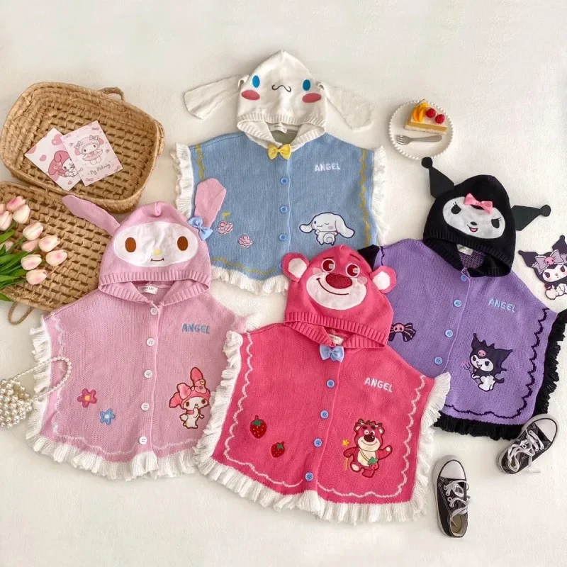 

3-8y Disney Children's Clothing for Girl Kawaii Anime Lotso My Melody Kuromi Cinnamoroll Autumn Winter Sweater Knit Cardigan Top