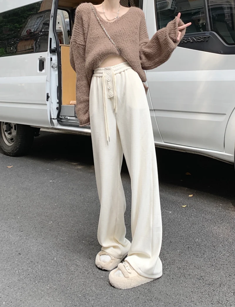 

High Waist Slim Casual Pants Women Trousers Autumn 2022 Versatile Straight Wide-leg Pants Fashion Solid Floor Length Sweatpants