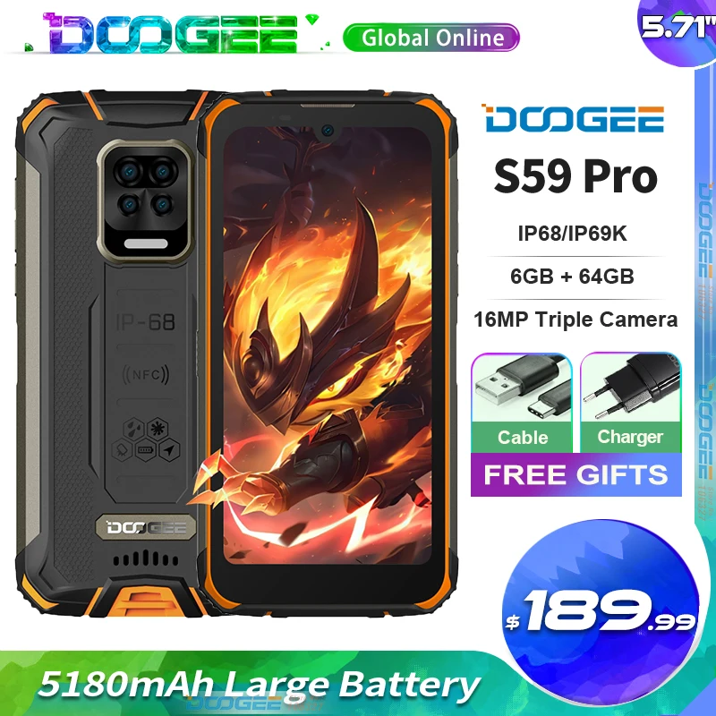 Doogee S59 Pro Rugged Mobile Phone 5.71'' Android10.0 Global frequency bands 10050mAh Super Battery 4GB+128GB Mobile Phone