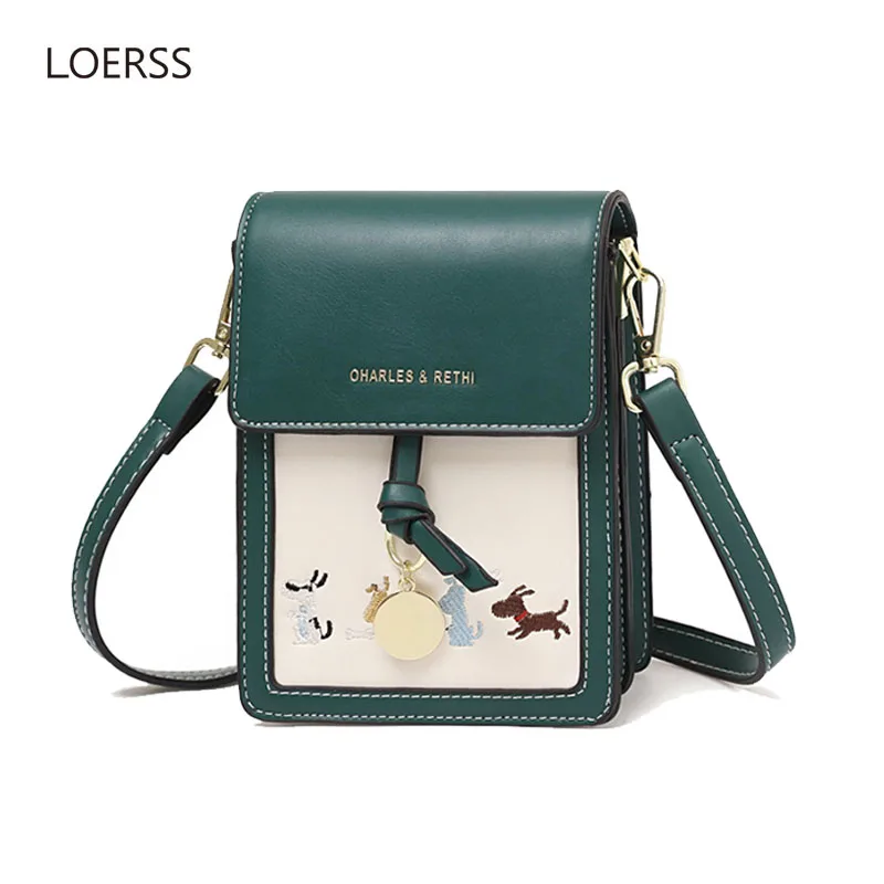 LOERSS Versatile Mini Messenger Bags for Women Cute Animals Embroidery Shoulder Bag Mobile Phone Shoulder Bag Wallet Card Cases