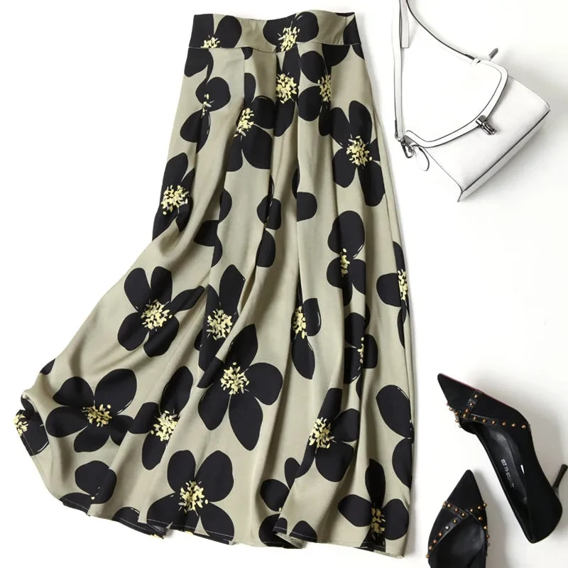 

Temperament Big Flower Print Mid Long Skirts Women 2022 Summer Fall New Fashion Korean Style Holiday Pleated Skirt Female Spring