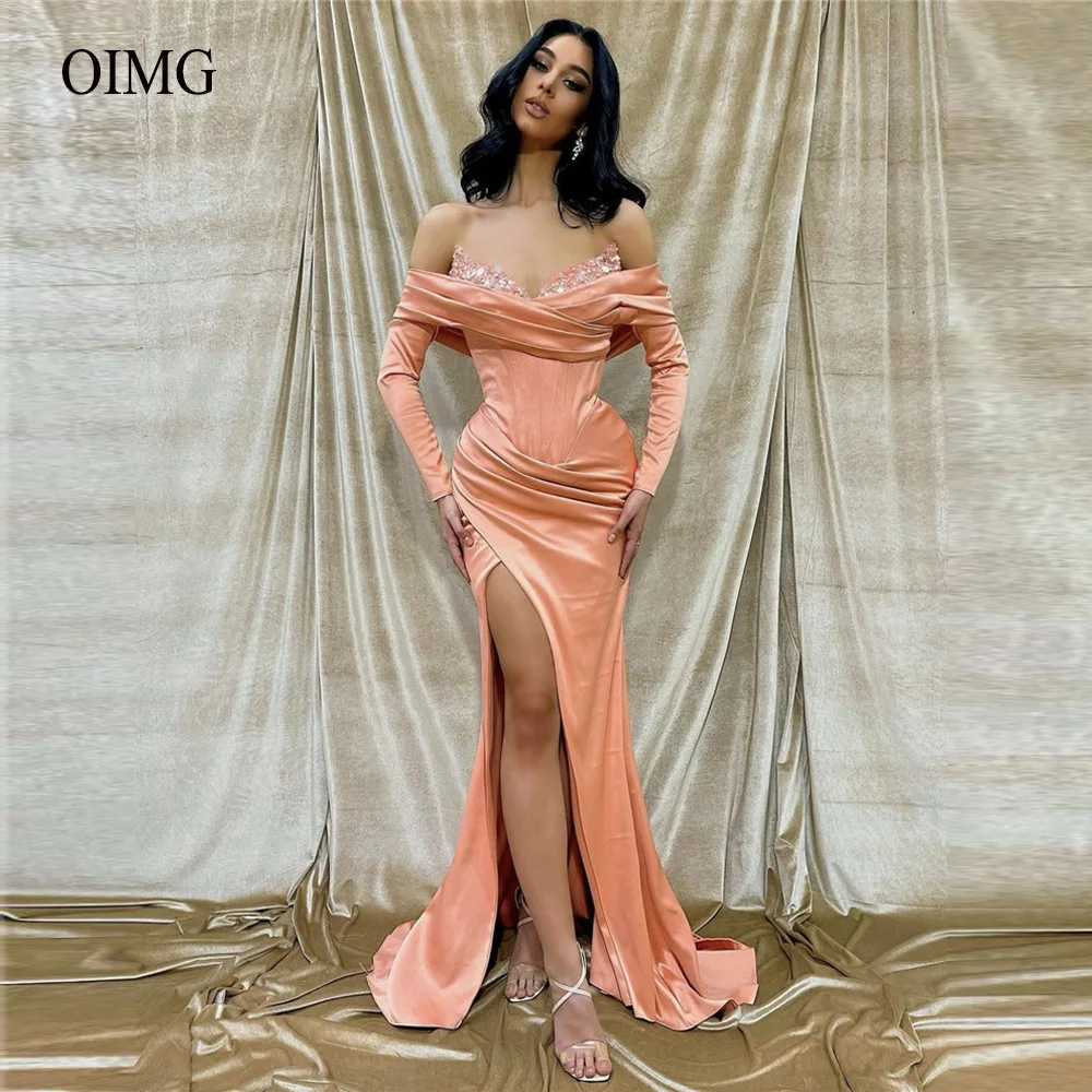 

OIMG Nude Blush Pink Satin Mermaid Prom Dresses Long Sleeves Off Shoulder Sequin Beads Neck Slit Women Evening Gowns New 2022