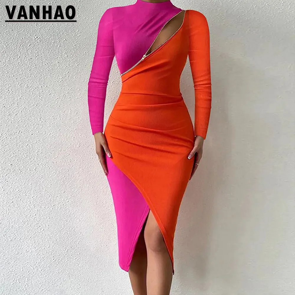 

VANHAO Fashion Zipper Two Tone Cut Out Long Sleeve Irregular Hem Women Dresses Sexy Party Long Dress Wholesale Dropshipping