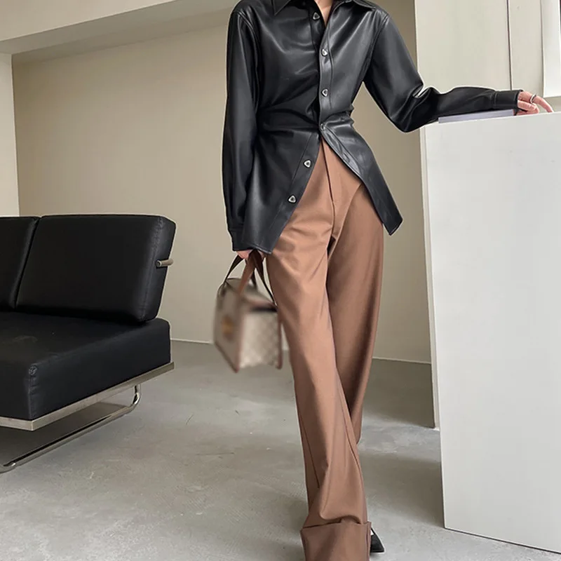 2022 Chaqueta Cuero Moto Mujer Leather Upside Down Pleated High Street Waist Thin and Handsome Leather Shirt Women Autumn