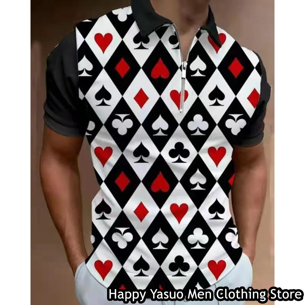 

Summer Men Casual Polo Shirt Fashion Turn Down Collar Zipper Tops Tees Male Short Sleeve Clothing 3D Poker Printed Streetwear