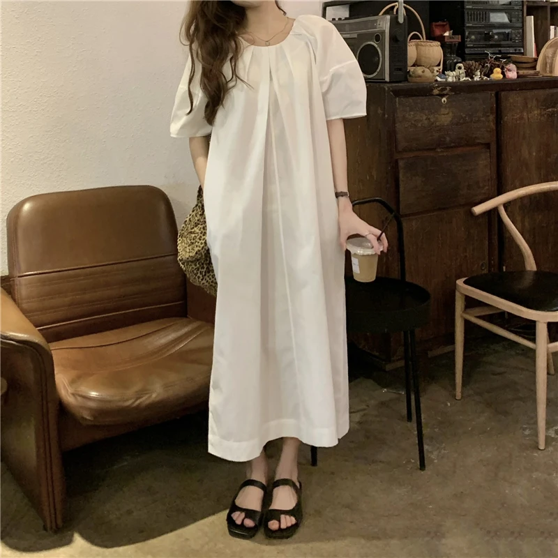 

Женское платье-миди с коротким рукавом, повседневное Свободное длинное платье-пуловер с круглым вырезом, винтажное платье в Корейском стил...