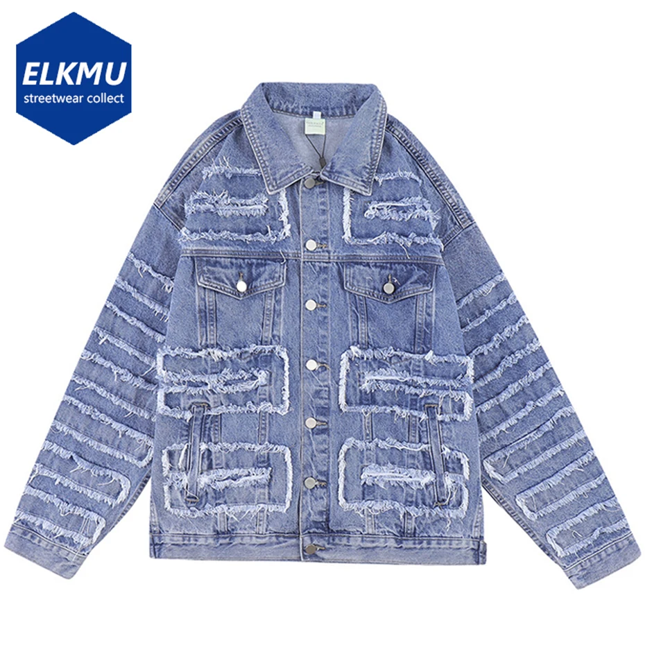

Hi Street Denim Jacket Men Oversized Hip Hop Denim Jackets Tassel Patchwork Streetwear Harajuku Blue Jeans Jacket for Male