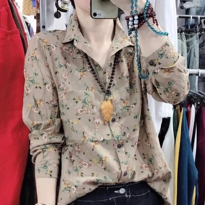 

European stocks long-sleeved shirt blouse 2022 spring loose slim Printed wild fashion cotton linen shirt shirt blouse top