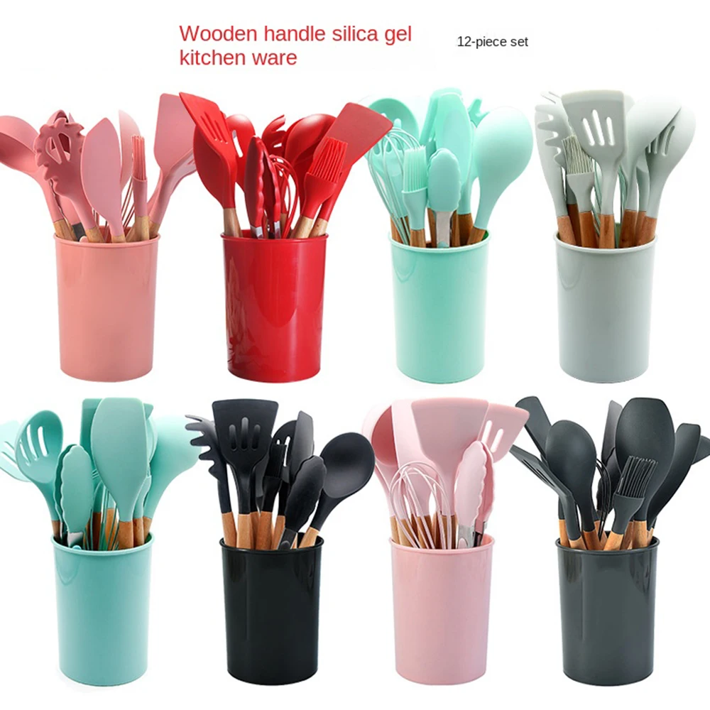

Fine Wooden Handle Silicone Kitchen Utensils Set Non-stick Cooking Spatula Egg Beater 12-piece Kitchen Utensils Frying Spatula