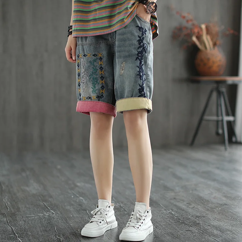 Women Summer 90s Fashion Casual Vintage Floral Embroidery High Waist Denim Shorts Ripped Female Chic Shorts Indie Style Bottoms