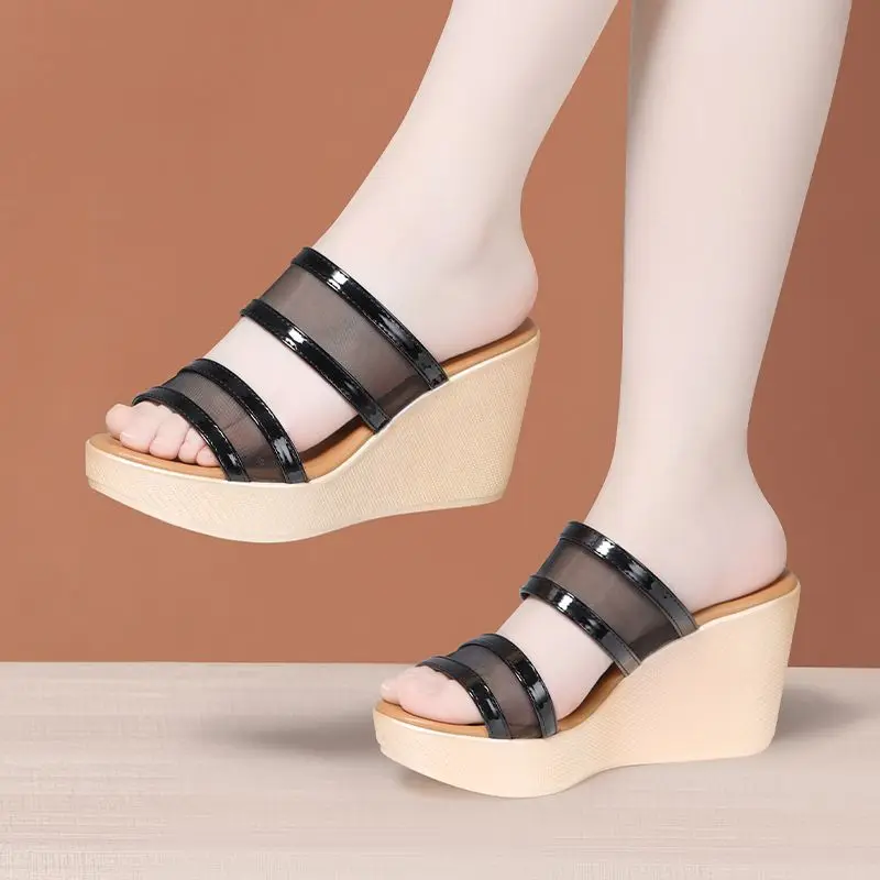 

Small Size 32-43 Comfortable Mesh Cowhide Leather Slippers Women's Platform Shoes 2023 Summer High Heels Wedges Slides Office