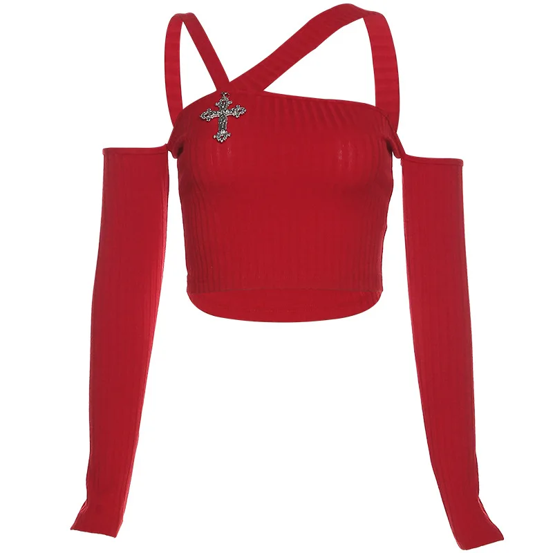 Готическая гранж-панк перекрестная футболка Черная Красная Трикотажная Y2K