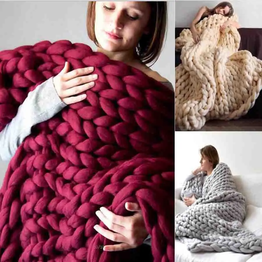 

Модное толстое одеяло из мериносовой шерсти, толстое большое вязаное одеяло из пряжи, зимние теплые одеяла, одеяло серого цвета для дивана и...