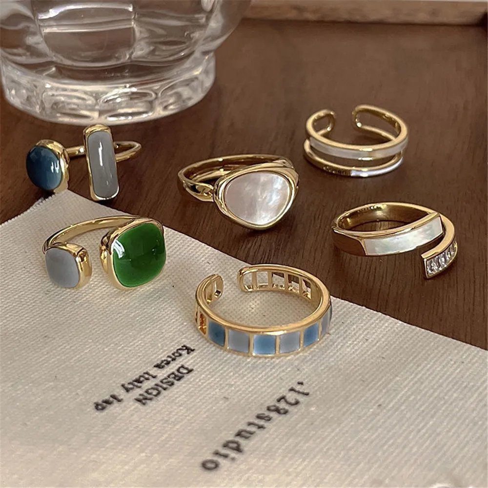

Fashion Women Jewelry Ring Alloy Rhinestone Artificial Shell Geometry Finger Retro Ring Jewelry Party Gifts