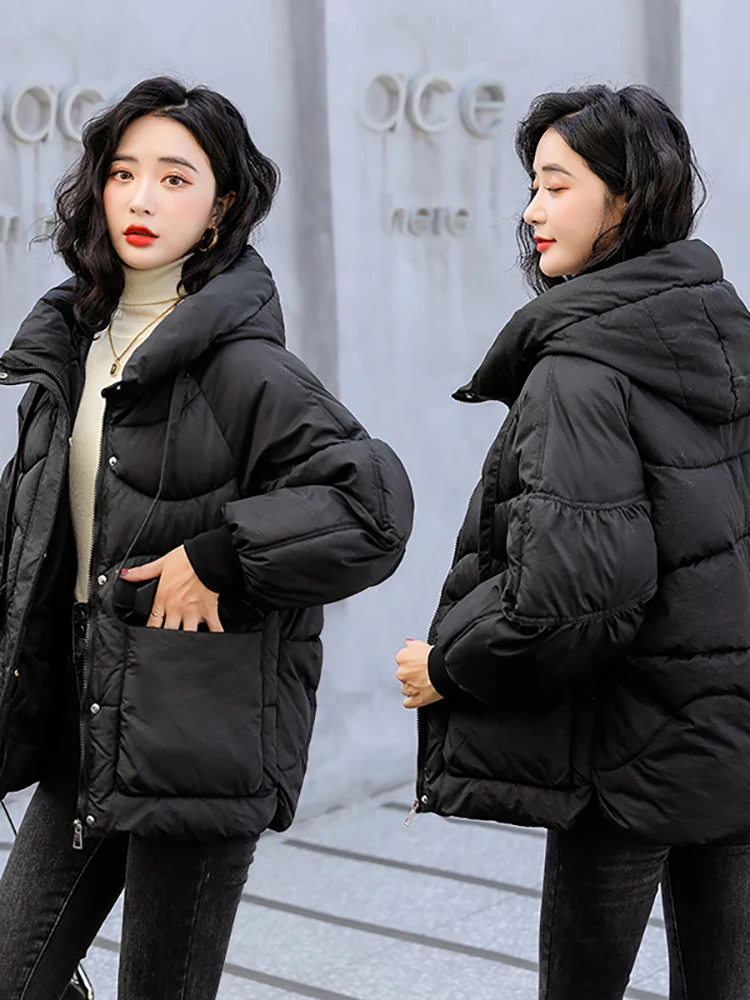 Winter Oversized Black Bubble Coats Women 2022 Fashion Zipper Scarf Collar Puffer Short Jackets High Street Outwear Casual Parka