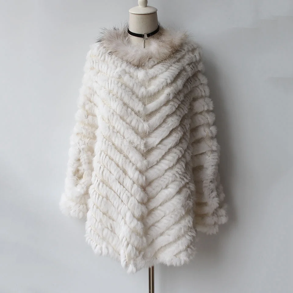 

women's Genuine real natural knitted rabbit fur shawl with raccoon fur collar girl's fashion Batwing sleeve pullover