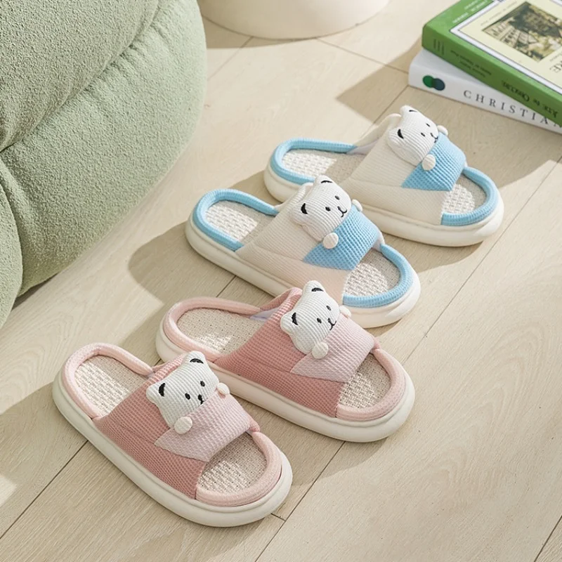 Women Cartoon Bear Decor Home Slippers Preppy Fabric Novelty Couple Casual Indoor Slides Soft Comfy Linen Open Toe Pink Shoes