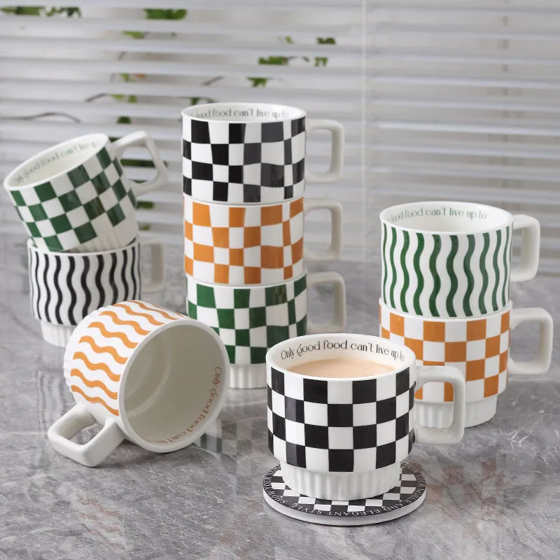 

Creative Checkerboard Coffee Cup Mug Ceramic Espresso Mug for Coffee Tea Milk Couple Mug Microwave Safe Creative Birthday Gift