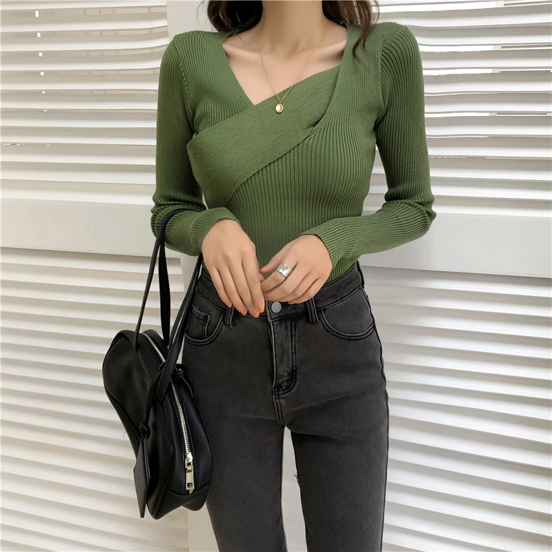 Fashion 2022 New Spring Autumn Women Sweater Knitted Long Sleeve Slim Office Lady Sexy V-Neck Casual Sweaters Tops | Женская одежда