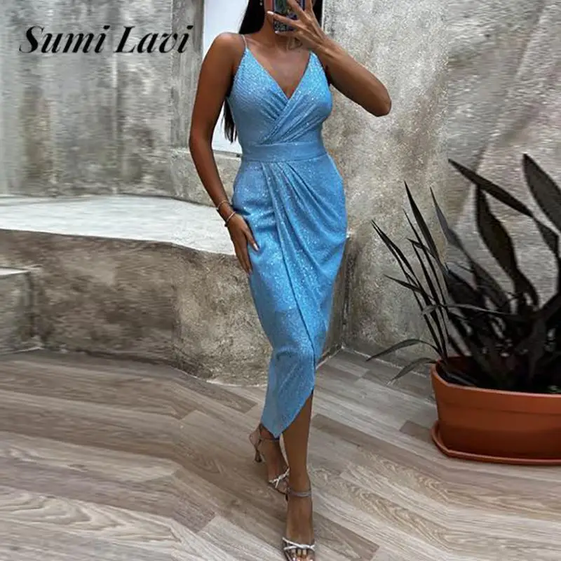 

Elegant Ladies Solid Color Waisted Split Dress Fashion Sling V Neck Sleeveless Bodycon Dress Sexy Beaded Sequin Party Club Dress
