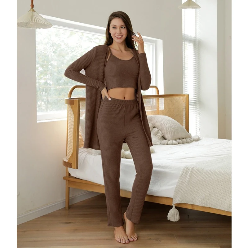 QWEEK Pajamas for Women Three Piece Suit for Female Knitting Waffle Solid Color Sling Long Sleeve Homewear Autumn Winter Pijamas