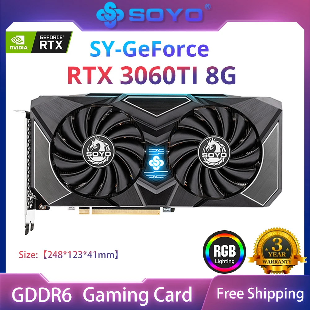 SOYO Full New Graphics Card RTX 3060TI 8G GDDR6 NVIDIA GPU  Desktop Computer PCI Express X16 4.0 RGB Gaming Video Cards Warranty