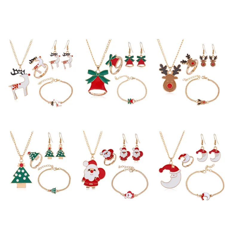 

5PCS/Set Christmas Women Alloy Jewelry Set Santa Elk Bell Earrings Necklace Bracelet Decor Xmas Accessories Gift for Girl Women