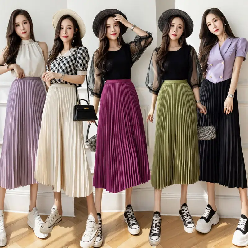 

New Summer Streetwear Women Skirt Casual High Waist Drape Pleated Jupe Blanche Femme Elegant Office Lady Midi Faldas Mujer