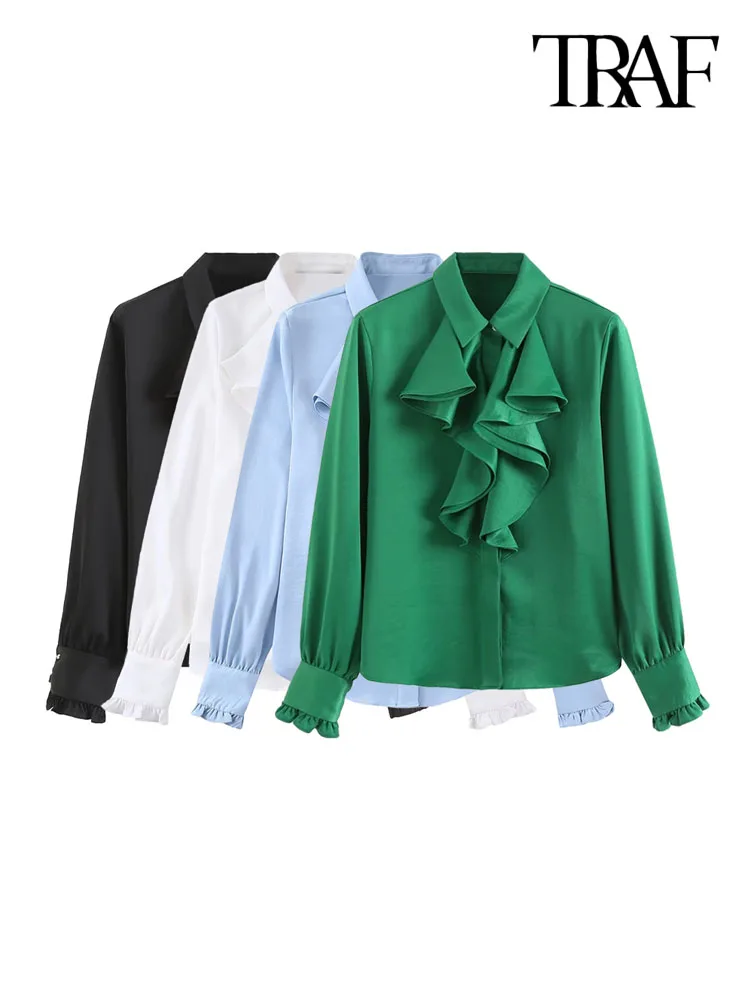 

TRAF Women Fashion With Ruffled Satin Office Wear Shirts Vintage Long Sleeve Button-up Female Blouses Blusas Chic Tops