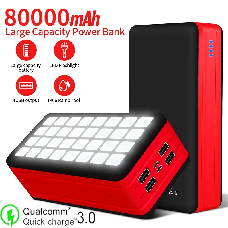 

80000mAh Solar Power Bank With Camping Light Four USB Ports High Capacity Outdoor Travel Fast Charger for Iphone Xiaomi Samsung