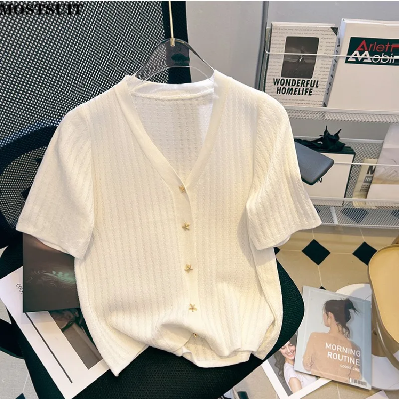 

Summer Starfish Button V-neck Knit Cardigan Tops Short Sleeve Single-breasted Knitwear Slim Fashion Stylish Ladies Jumpers 2022