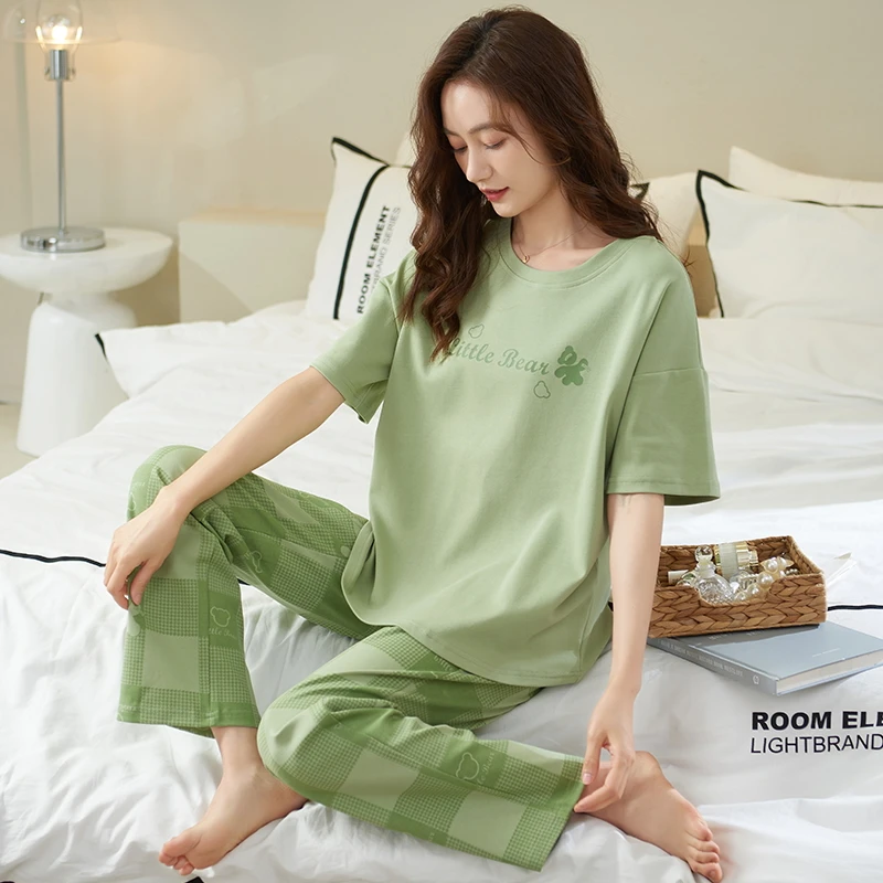 Women Pajama Sets Short Sleeved Cartoon Knitted Cotton Sleepwear Elegant Women's Pajamas Lounge Homewear Pijama Mujer