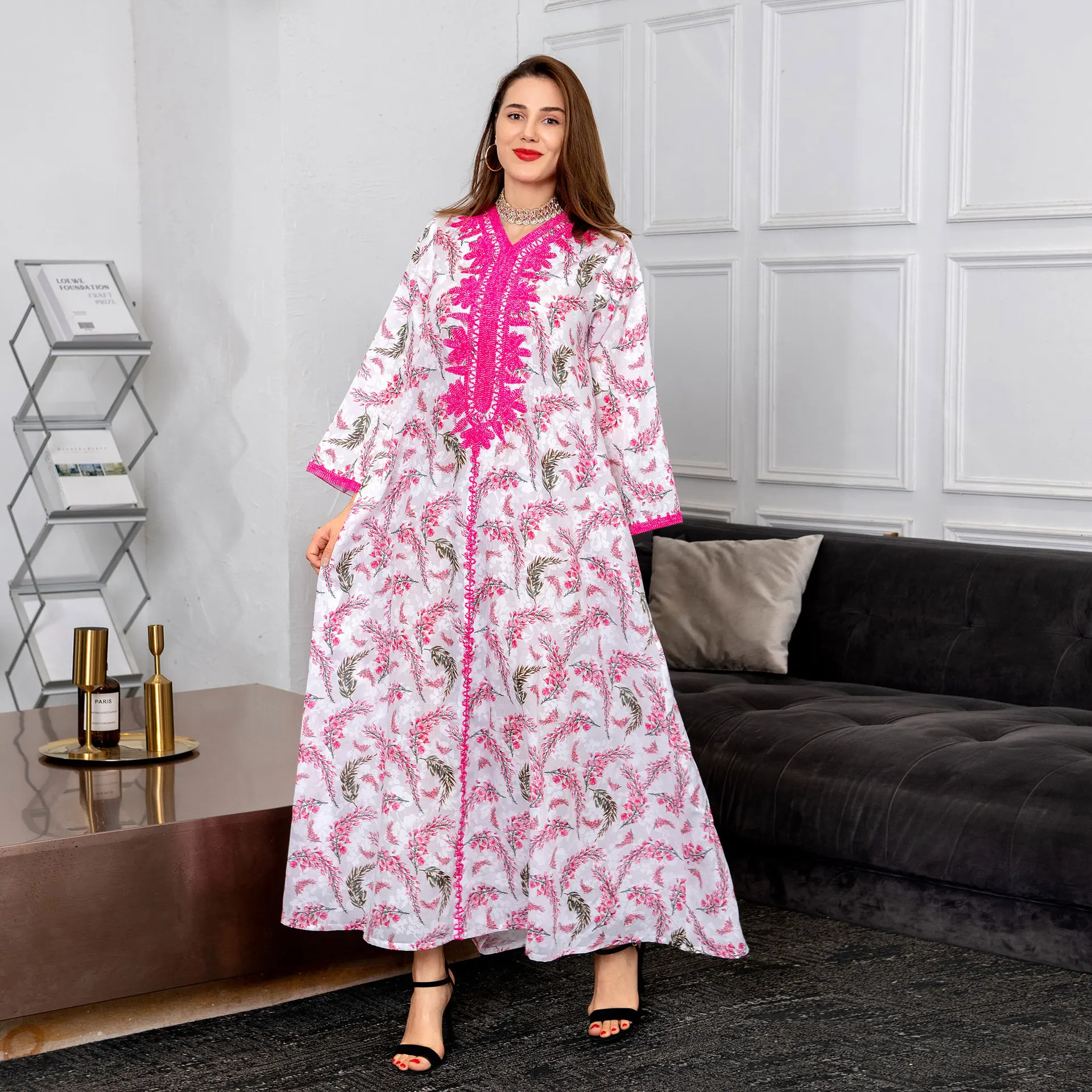 

Middle East Muslim Dress Cotton Print Arab Straight Sleeve Spring Muslim Dress Abayas For Women Abaya Dubai Robe Femme Musulmane