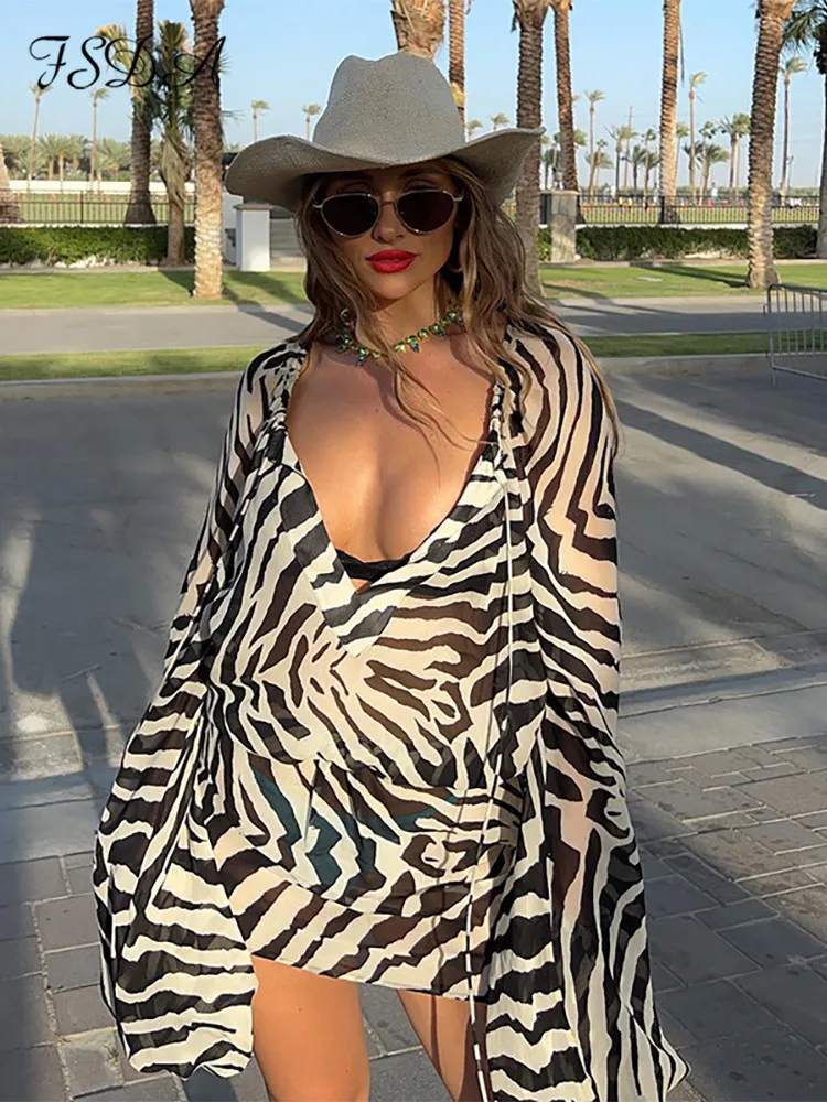 

Сексуальное женское платье FSDA Y2K с V-образным вырезом и принтом, летние бандажные повседневные пляжные платья мини с длинным рукавом, сетчат...